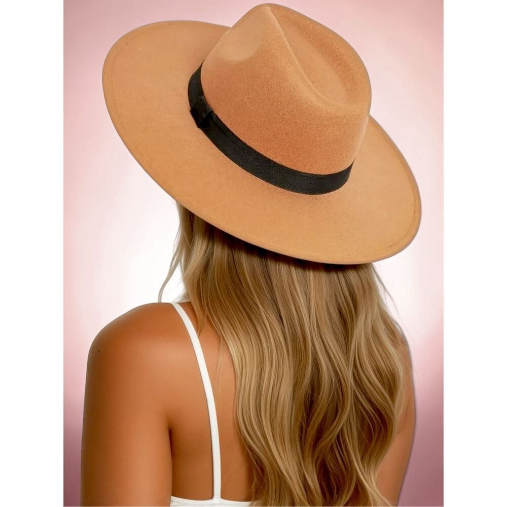 FAME Camel Wide Brim Fedora Hat | Tan Boho Rancher Western Black Ribbon NEW - Picture 5 of 14